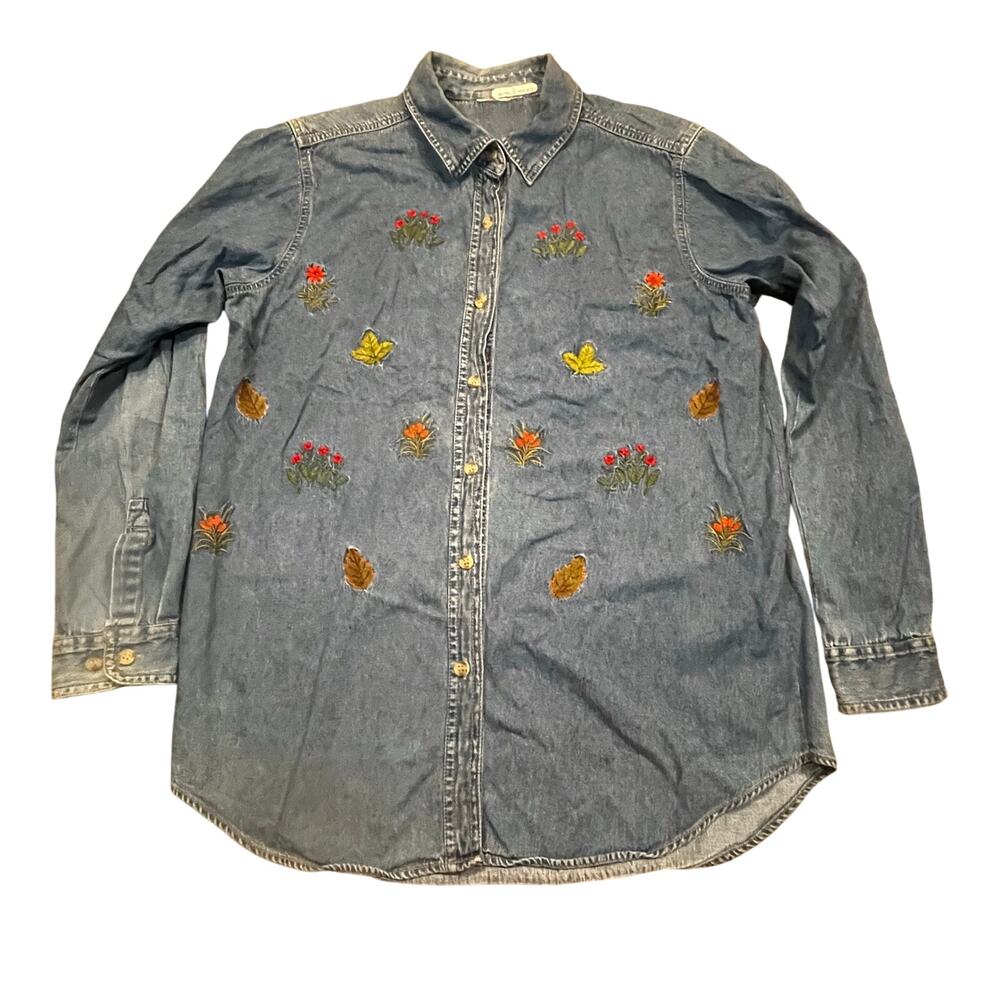 Womens L/XL Embroidered Denim Shirt Button Up Floral Leaf Cottagecore Spring